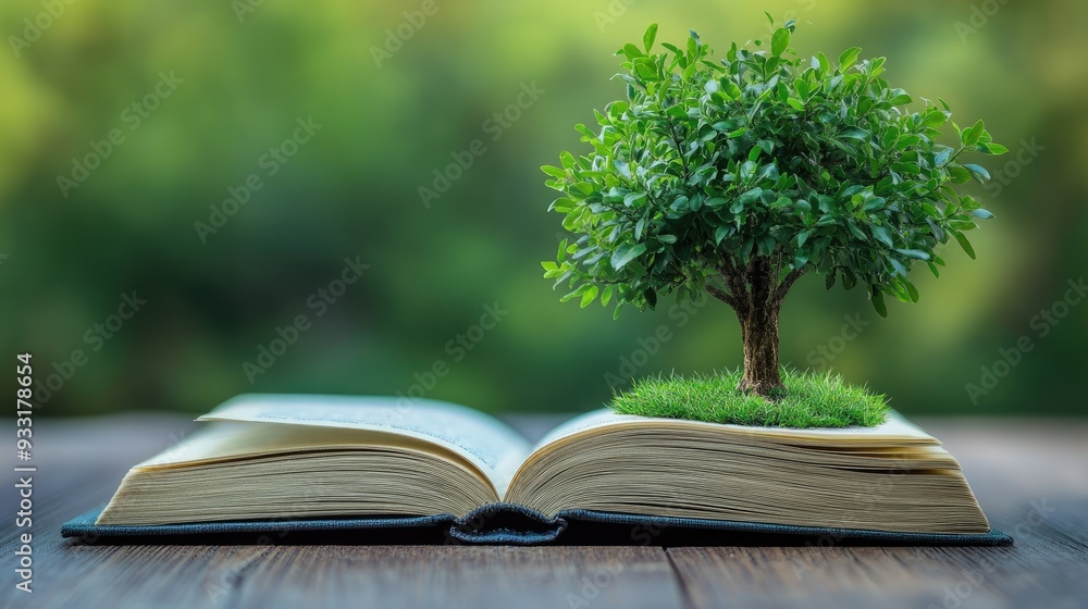 Poster a vibrant green tree sprouting from the pages of an open book, blending the concepts of growth and l