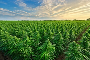 Vibrant cannabis field under a dramatic sky, showcasing lush green plants ready for harvest in a serene landscape.