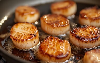 Closeup of seared scallops in a pan.