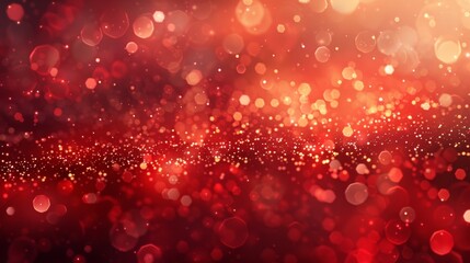 Abstract red background with glowing bokeh lights and sparkling glitter, creating a festive and warm holiday atmosphere.