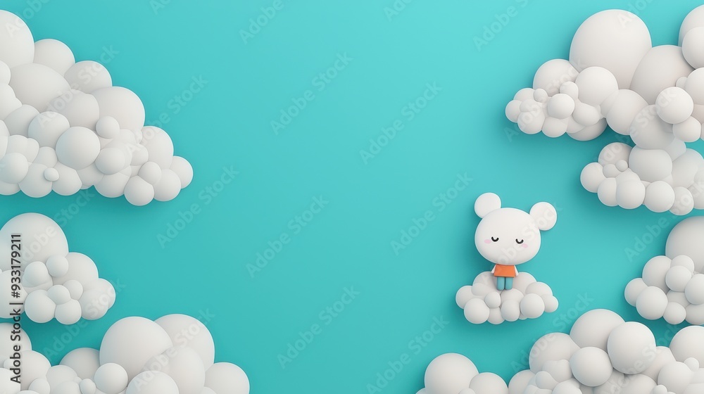 Poster playful cartoon character drifting through fluffy clouds in with copy space and selective focus |