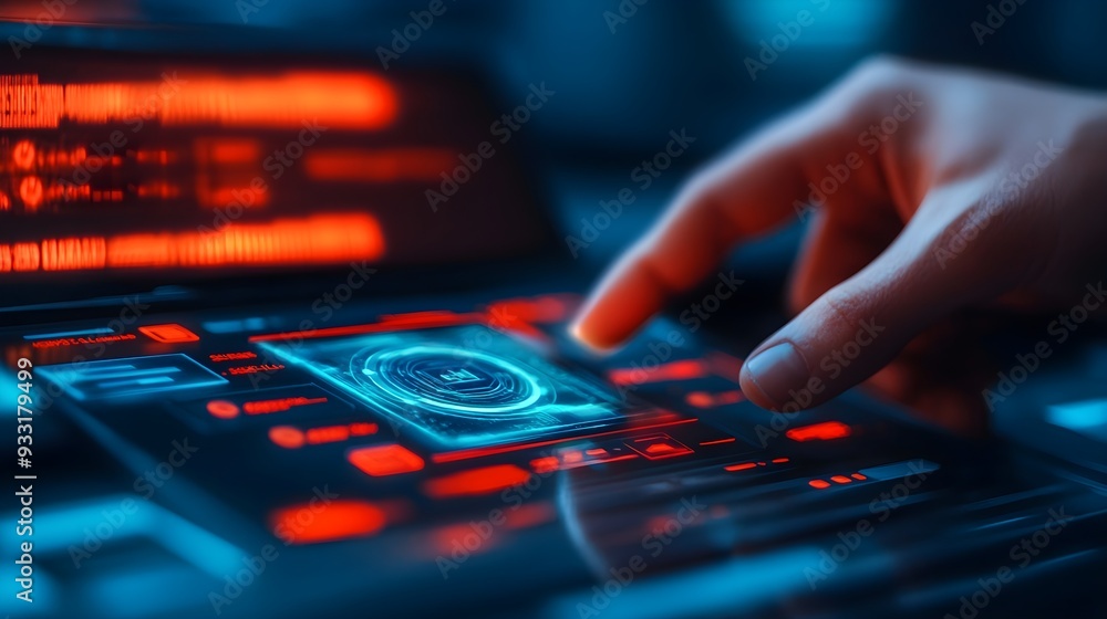 Poster futuristic tech interface with finger touching screen