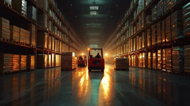 The Workers operate forklifts amidst stacked pallets in a bustling warehouse.