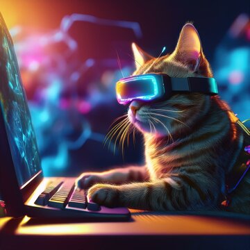 A cat wearing metaverse glasses typing on a computer