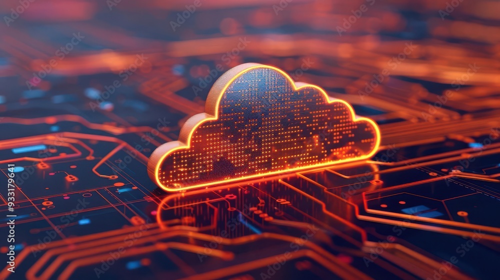 Poster a futuristic cloud symbol glowing on a circuit board, representing digital storage and cloud computi