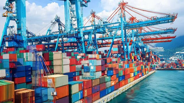 Cargo containers stacked at a bustling port with cranes while ships wait for unloading and loading operations.