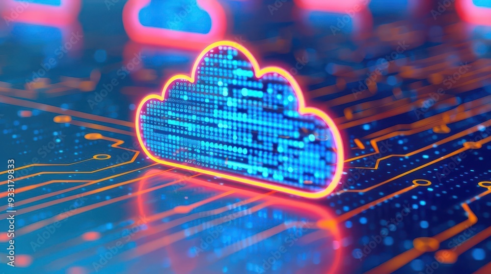Poster a vibrant cloud icon surrounded by digital circuitry, representing cloud computing and modern techno