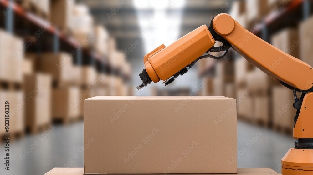 Poster futuristic automation in high-tech warehouse: robotic sorting of packages in 8k resolution with copy