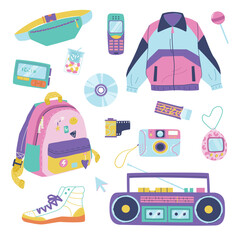 Set of vintage elements from the 1990s. Film camera, mobile phone, tape recorder, Tamagotchi, pager, disk, etc. Vector illustration