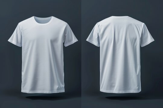 White t-shirts shown from the front and back on a dark background, ideal for mockups, branding, or clothing design presentations.