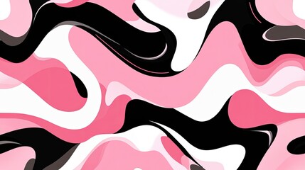 An energetic abstract pattern with flowing pink, black, and white shapes, blending harmoniously in a modern design.