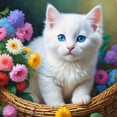 Cute white kitten in a basket with flowers 