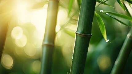 Fototapeta premium Bamboo stalks glow under soft sunlight, their green surface and texture brought to life in a peaceful close-up.
