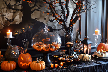 Halloween party table. Table with treats for Halloween party.