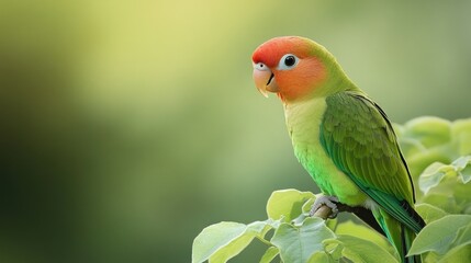 Fototapeta premium Bright green lovebird parrot perched with a light green backdrop, capturing its natural elegance.