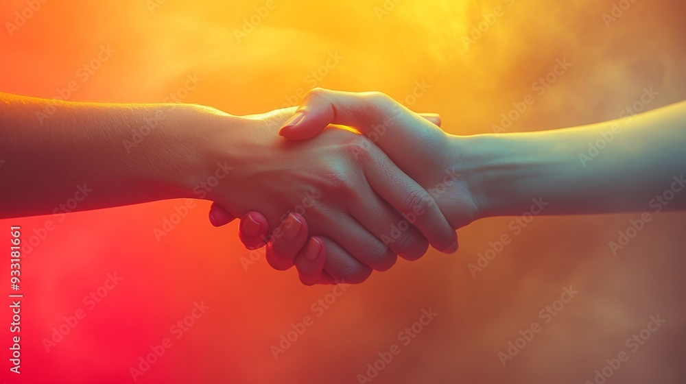 Poster two individuals shake hands, symbolizing unity and collaboration in a vibrant and colorful setting.