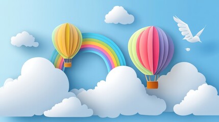 A paper-cut-style hot air balloon flying above the clouds with a rainbow