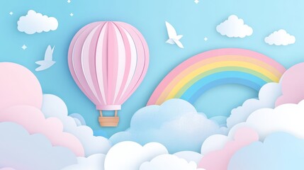 A paper-cut-style hot air balloon flying above the clouds with a rainbow