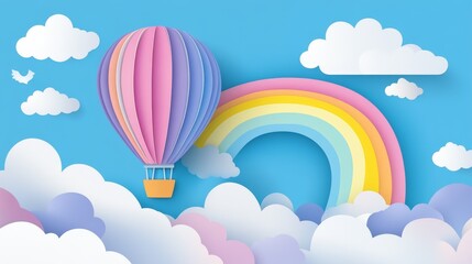A paper-cut-style hot air balloon flying above the clouds with a rainbow