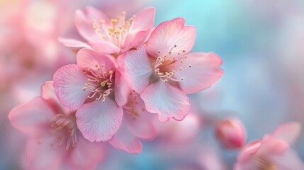 Obraz premium Close-up of pink cherry blossoms against a soft blue background, emphasizing delicate beauty and tranquility.