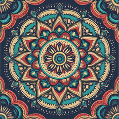 Fototapeta premium Vibrant Mandala Art: Floral Patterns in Red, Teal, and Cream Tones