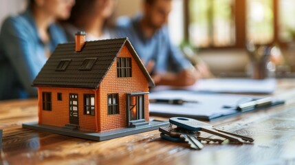 A model house and keys on a wooden table symbolize real estate, home ownership, or property investment, with a blurred background of professionals in discussion.