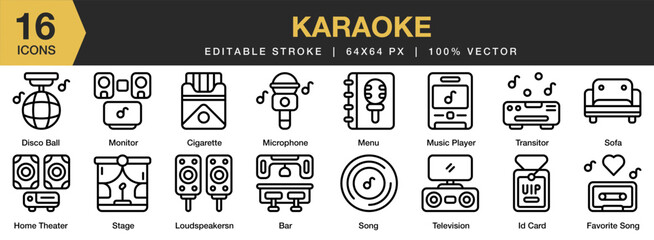 Karaoke icon set. Editable Stroke Icon Collection. Includes bar, cigarette, disco ball, favorite song, home theater, and More. Outline icons vector collection.