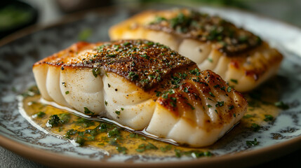 Deliciously plated cod with beurre blanc sauce in a cozy dining setting. Generative AI