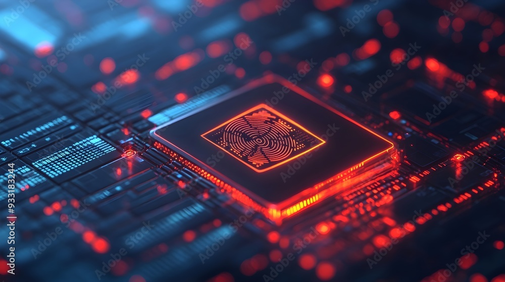 Poster red glowing circuit board with digital pattern