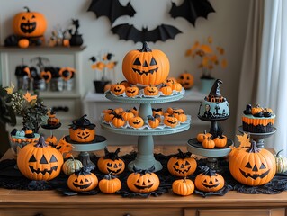 a display of pumpkins with bats and bats on a table