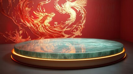 Obraz premium Dynamic Chinese phoenix pattern in red and gold with an elegant jade platform reflecting light