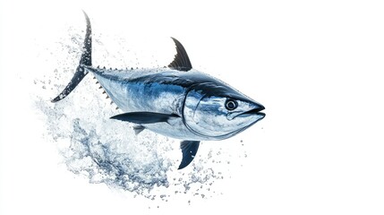 Fototapeta premium Dynamic shot of a tuna fish leaping out of the water, isolated on a crisp white background.