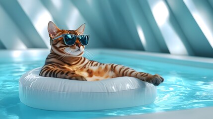 A Bengal cat wearing angular, reflective sunglasses, relaxing on a sleek, monochromatic pool float in the shape of a hexagon, the scene features a modern, minimalist pool with clean lines and