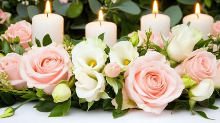 A romantic candlelit table adorned with pink roses and delicate greenery, perfect for celebrating love on Valentine's Day