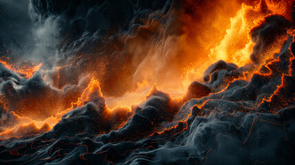 Swirling ash particles above a vibrant volcanic landscape during an eruption. Generative AI