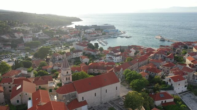 Stunning Aerial Drone Footage of Postira Village on Brac Island, Croatia Showcasing Traditional Architecture and Coastal Beauty