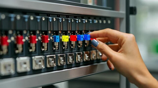 A person adjusts a circuit breaker in a control panel, focusing on the task in an electrical control environment.