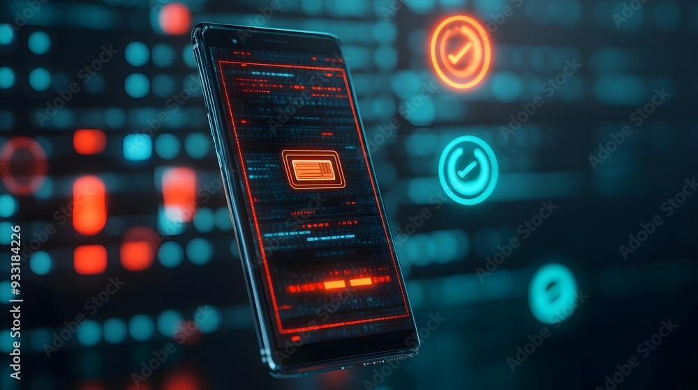 Poster smartphone screen with red neon coding interface