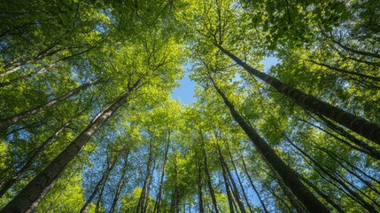 Fototapeta premium Green leaves stretch toward a blue sky in a lush forest, with tall, slender trees enhancing the serene atmosphere.