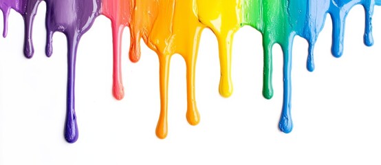 Colorful paint dripping on a white background, top view.