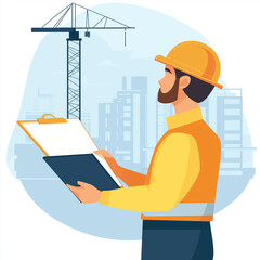 flat illustration of a professional safety checking a construction site, with clipboard, white background