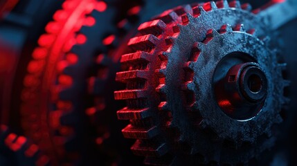 Industrial steel gear concept with intense red lighting, emphasizing its metallic texture.