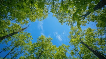 Obraz premium Lush green foliage stretches towards a bright blue sky, with slender tree trunks framing the vibrant scene.