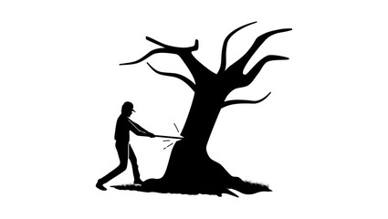 man chopping tree with axe, black isolated silhouette