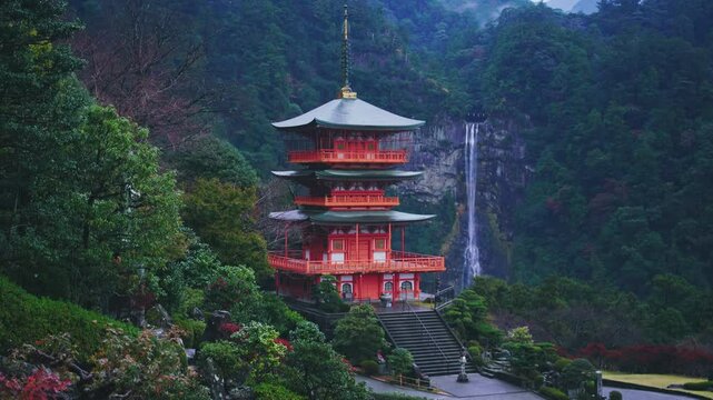 Nachi waterfall with red pagoda, Nachi, Wakayama, Japan