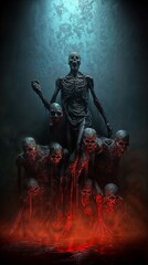 Fototapeta premium Skeletal Creatures Emerging from Blood-Red Ground