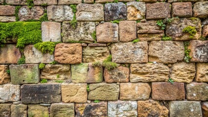Ancient Stone Wall Background with Moss and Weathered Bricks