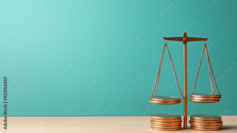 Poster visual representation of economic inequality with unbalanced weights on scale, copy space available 