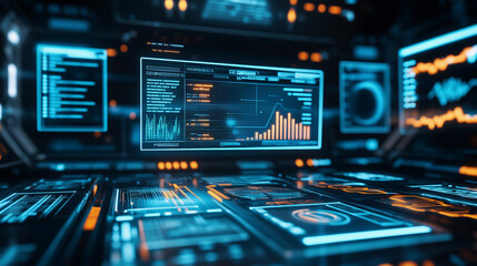 Obraz premium Futuristic Data Analytics Dashboard, AI and Big Data Interface in Control Room