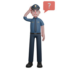 Illustrative 3D Male Police. A policeman is smiling with his hands behind his head with a question mark next to him. Professional